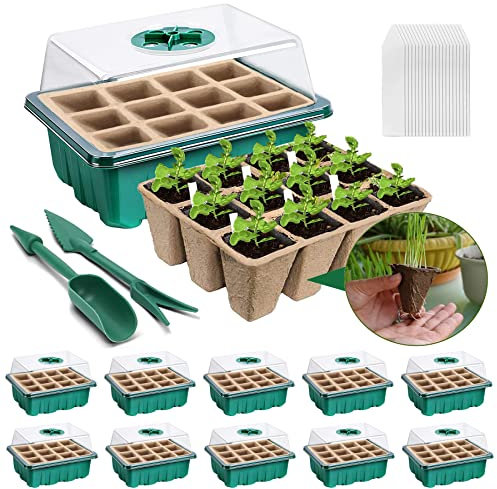 YeahBoom 10 Stück Zimmergewächshaus Anzuchtkasten,120 Loch Mini Gewächshaus Anzuchtkasten zum Anzüchten,Abbaubare Anzuchttöpfe,mit 20 Pflanzenetikett und 2 Gartengeräte,für den Anbau von Keimpflanzen
