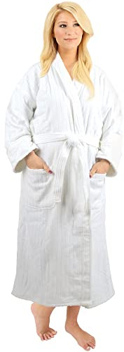 ForPro Professional Collection Luxury Velour Bath Robe, 100% Cotton, Ultra Plush Velour Bathrobe with Textured Woven Stripes, White, Large