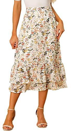 Allegra K Women's Printed Skirt Chiffon Elastic Waist Ruffle Tiered Flowy Midi Skirt White Yellow-Floral L