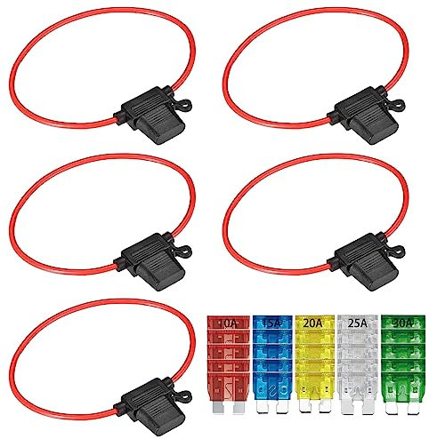 GTIWUNG 5 Stück Auto Sicherungshalter mit 12AWG Draht für KFZ LKW, Flachsicherung Halter Wasserdicht Inline Blade Fuse Holder mit 25-teiligen Mittelgroße Flachsicherungen (10A/15A/20A/25A/30A）