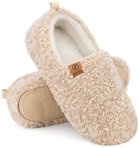 EverFoams Women’s Soft Curly Full Slippers Memory Foam Lightweight House Shoes Cozy Loafer with Polar Fleece Lining Khaki,8.5 US