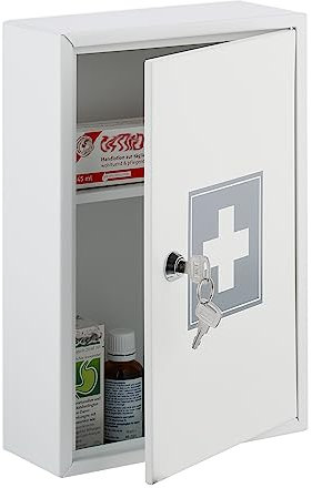 Relaxdays Armadietto Pronto Soccorso per Medicinali, Cassetta con Chiusura di Sicurezza, 32 x 21,5 x 8 cm, Bianco Grigio, Ferro
