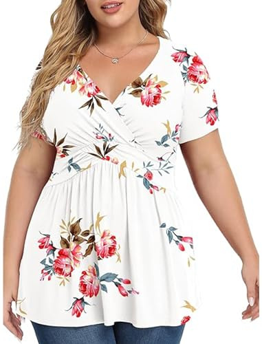 Anelune Plus Size Tops for Women, Short Sleeve Tunic, F Rose White, 3XL