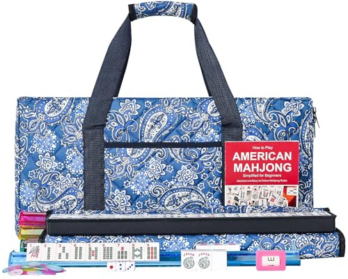 ZGME Ensemble de mahjong américain, 166 carreaux blancs de qualité supérieure avec sac souple et accessoires, 4 supports de mahjong tout-en-un avec poussoirs, ensemble complet de mah-jongg, mah-jongg,