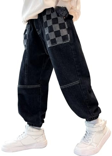 MEILONGER Pantalones Vaqueros Baggy para niños, con Cintura elástica, Moda Stretch, Pantalones de Mezclilla Tallas 8, 10-12, 14-16(Negro -14-16)