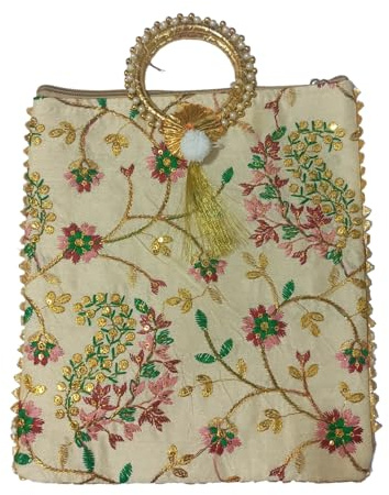 EliteKoopers Indian Thread Work Embroidery Women Handbag/Purse/Clutch/Tote Bag for Haldi Mehendi Wedding Favours, Gifting, Christmas (Light Gold/Cream)