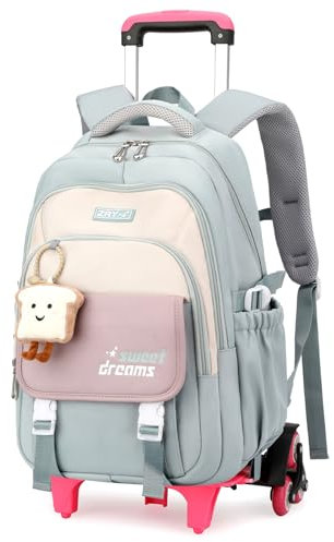 Amythe Schulrucksack Trolley für Mädchen, Teenager Rucksack Schule mit Rollen, Abnehmbar Trolley Schulranzen für Grund- und Sekundarschüler, Daypack für Reise mit 6 Räder，36L -Grün