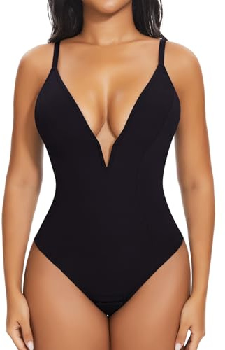 Joyshaper Women Shaping Bodysuit Tummy Control Thong Bodysuits Shapewear Deep V Neck Bodysuit Top Slimming Body Shaper, Black, L