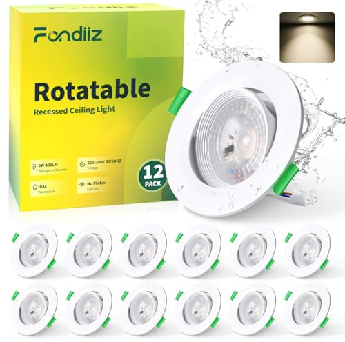 Fondiiz 5W Spot LED Encastrable Extra Plat, Spot LED Orientable 480LM Blanc Neutre 4000K, Spots IP44 Étanche pour Salle de Bain, Spots de Plafond Rond Blanc Trou Ø70-80mm, Non Dimmable, Lot de 12