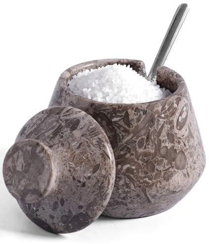 EARTHEN CRAFTS Saltkällare i marmor med lock och sked, oceanisk, 7,6 cm | Handgjord saltburk i marmor med lock och sked, 90 ml, för salt, socker och kryddor, köksinredning och fin presentidé