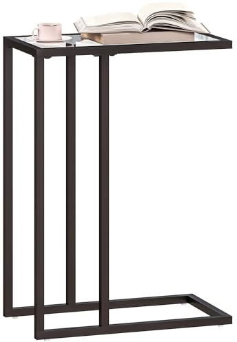 HOMCOM Tavolino a Forma di C in Vetro Temperato e Acciaio, Tavolino da Salotto e Camera da Letto, Tavolino da Soggiorno Salvaspazio, 46x25x63.5 cm, Nero