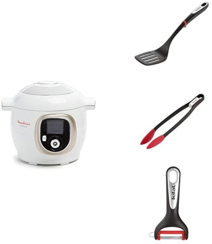 LOT Moulinex Cookeo Multicuiseur intelligent 6L, 150 recettes intégrées, blanc CE85CA10 + 3 ustensiles Tefal - Epluche légumes K2071814 + pince à aliments K2060714 + spatule K20608