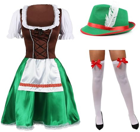 Ladies Oktoberfest Beer Maid Costume Set - Bavarian Dirndl Dress with Green Hat and Bow Stockings – Traditional German Fancy Dress Outfit