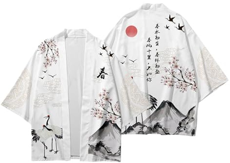 Caxndycing Kimono Cardigan Homme Japon Happi Kimono Haori Cardigan Printemps-été Veste Traditionnelle Japonaise Impression 3D Deux Pièces Chemise de Plage Courte, 02 gris clair, XL