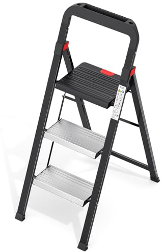 Urackify Leiter 3 Stufen Trittleiter Klappbar mit Werkzeugablage, rutschfesten Aluminium Pedalen, Sicherheitsschloss, Stufenleiter kapazität von 150 kg, Tragbare Leichte für Haus, Küche und Garage