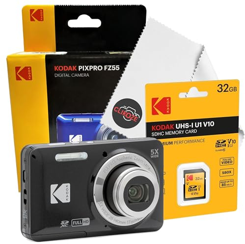 Set fotocamera digitale con fotocamera digitale compatta Kodak Pixpro FZ55, scheda SD da 32 GB e panno per la pulizia Clikoze