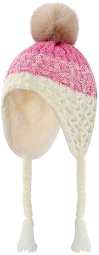 KAKU NANU Vintermössa för bebis öronmuffar fleecefodrad varm mössa med pompoms och björnar 6 färger för spädbarn pojkar och flickor småbarn, Vit/rosa, 2-4 år