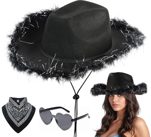 Aomig Chapeau de Cowboy Western - Déguisement pour Adultes avec Lunettes de Soleil et Bandana - Accessoires de Costume pour Halloween et Carnaval(Noir-Bord Effiloché)
