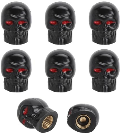 XRVRILE Tapones Válvula Calavera 8 Piezas – Tapones Válvula Coche con Junta y Núcleo de Cobre Antióxido, Válvula Schrader Universal para Coche Moto Bicicleta Negro