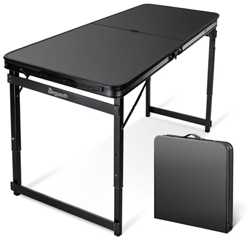 Bingyouth 4ft Folding Table with Umbrella Hole 120x60cm, 3-Height Adjustable Patio Garden Table for Sun Shade, Portable Outdoor Dining for Beach Poolside & Strong Sunlight, Black