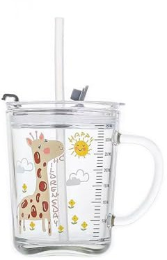400 ml Tazza da bevanda Bicchiere, Tazza da colazione, Tazza da latte, Include cannuccia e spazzolino per cannuccia, con coperchio per diverse opzioni di consumo (Giraffa gialla)