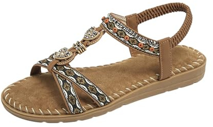 Nuoke sandalias,sandalias mujer verano planas, planas con cuentas para, de con tiras elásticas en T Zapatos Primavera Vestir (Khaki, 38)