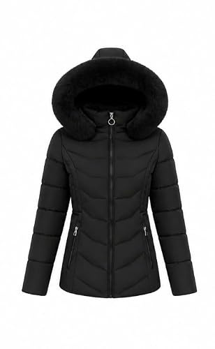 NEXURGE Women's Puffer Jacket, Polyester, Faux Fur Hooded, Fleece-Lined, Slim Fit, Water Resistant, Zip Closure (UK, Alpha, M, Regular, Regular, Black)