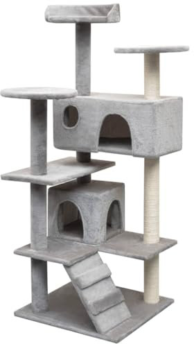 vidaXL Klösträd med Klöspelare Katträd Klösmöbel Kattmöbel Kattkoja Kattleksak Kattillbehör Sisalpelare Kattcenter Kattpelare Grå Sisal