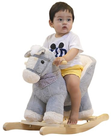 Rock My Baby Rocking Gray Horse with Chair, Plush Stuffed Rocking Pony with Realistic Sound, Baby Rocker Animal for Toddlers 1-3 Ride on,CPC Certified