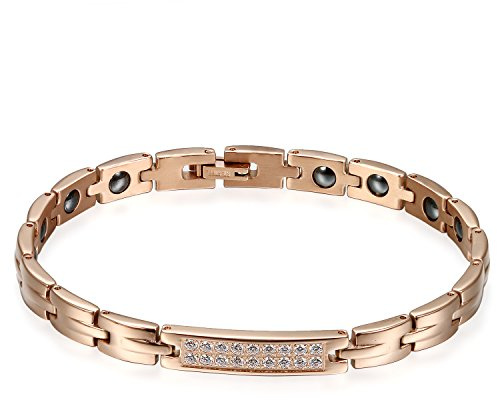 Flongo partnerarmband, rostfritt stål magnet armband terapi kula zirkon armband magnetarmband partnerarmband roséguld hälsa par set gåva damer, män, 20.5 cm (Herren), 21 cm (Damen), Zirconium, ingen