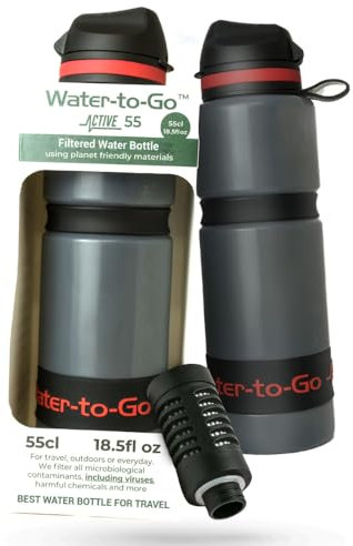 WATER TO GO water purifier filter bottle (ACTIVE 26oz/75cl) - perfect for hiking camping travel and survival, Grey with Red