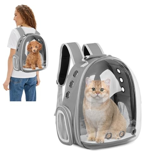 PETCUTE Zaino per Animali Domestici a Capsula Spaziale, Zaino Trasportino per Gatti fino a 7.5 kg,Trasparente e Traspirante,per Viaggi, Escursioni, Passeggiate e Campeggio,Grigio