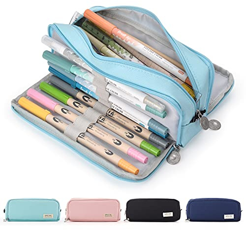 Maomaoyu Large Storage Pencil Case with 3 Compartments for Girls and Boys, Big Capacity Aesthetic Pencil Bag 3 Deckers for School Supplies,Light Blue