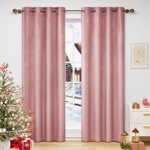 WOLTU Verdunklungsvorhang Blickdicht Samtvorhänge mit Ösen, 2 Stücke Thermogardine Ösenvorhang 300 g/m² Schwere Verdunkelungsgardinen lichtdicht für Schlafzimmer Wohnzimmer, 140x245 cm Dunkelrosa
