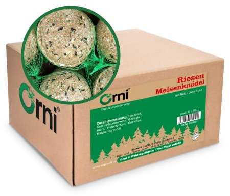 Orni Riesen Meisenknödel mit Netz 500g | 12 Stück | Ganzjahresknödel mit Sonnenblumenkernen | Vogelfutter zum Aufhängen | Fettfutter für Wildvögel | Meisenknödel Vogelfutter draußen