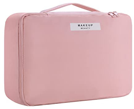 Travel Makeup Bag [with Brushes Holder & Detachable Pouch] Cosmetic Bag Large Capacity Waterproof Makeup Case Storage Organiser for Women & Girls (Pink)