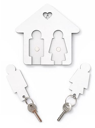 LAC EVERYTHING EVERYWHERE Portachiavi di Coppia Lui e Lei in Legno 16x15cm- Portachiavi Casa a forma di Casetta - Regali di Coppia Anniversario | Idee Regalo Casa Nuova Amici (Bianco)