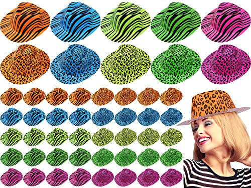 Handepo 50 Pcs Neon Party Hat for Adult Kid, Animal Print Plastic Party Hat