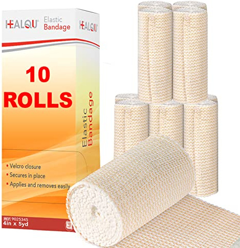 HEALQU Premium Elastic Bandage - Self-Closure Compression Wrap for Legs, Knees, Ankles, Wrists, Elbows, Shoulders - 4 Inch by 5 Yards, Box of 10 Rolls Athletic Stretchable Bandage Wrap