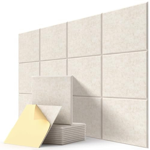 Acoustic Wall Panels Self-Adhesive, 12 Pcs Sound Absorbing Panels for Studio, Bedroom, Living Room, Office, Gaming, Ceiling, Door Acoustic Treatment, Beige, 12 X 12 X 0.4