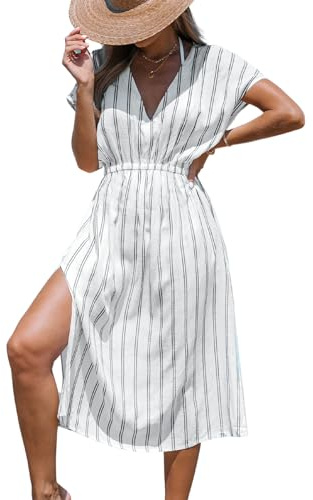 CUPSHE Women's Midi Beach Cover Up Dress V Neck Short Sleeve Striped Bathing Suit Coverups XS-XXL White, M