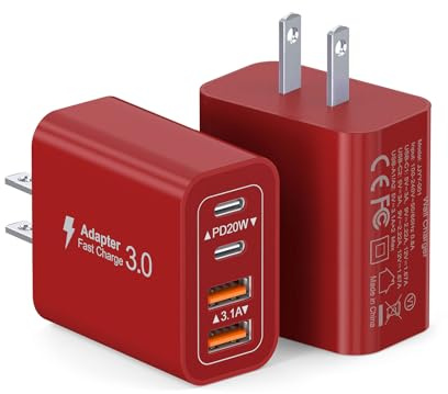 [2Pack] 40W USB C Wall Charger, Super Fast Charging Block PD+QC 4 Port Charger Cube for iPhone 17/16,iPad Pro/Mini/Air, iPod Nano, iPod Touch, Switch, Smart Phone, Smartwatches and Tablet(Red)