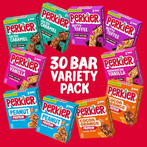 Perkier Variety Box (30 bars), Vegan, Gluten Free, Protein, Lower Sugar, Healthy Snacks for Adults, Low Calorie, Halal, Breakfast Bar, High Fibre, Nut, Cereal, Gut Health, Multipack, Plant Based
