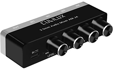 Cubilux 4 Kanal 3,5mm Audio Mixer, Extrem rauscharmer Mini Audio Mixer für Sub-Mixing, 1/8 TS/TRS-Eingang, Stereo-Umschalter, geeignet für Gitarren, Bass, Keyboards