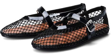 Adrizzlein Mesh Ballet Flats for Women Fishnet Ballerina Flats Buckle Strap Mesh Ballet Shoes Wide Width Casual Summer Dress Flat Shoes, Black, 6 UK