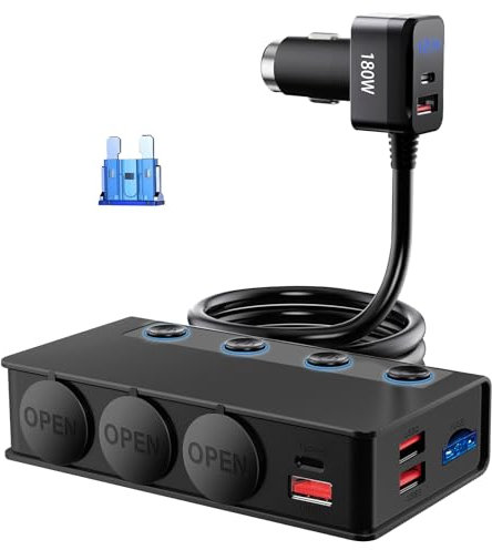 180W Zigarettenanzünder Verteiler 9 in 1 Zigarettenanzünder USB C 12V/24V Auto KFZ Ladegerät Adapter 6-Port USB Adapter Auto PD3.0 & QC3.0 mit LED Voltmeter 4 Separatem Schalter Schnellladegerät