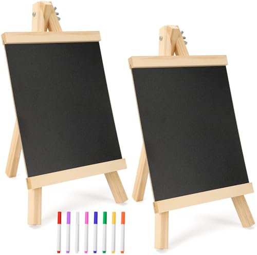 JANYUN Kreidetafel mit Ständer, 2 Stück Schiefertafel zum Beschriften 29 x 16 cm Klein Kreidetafel zum Beschriften mit 8 Kreidefarben für Hochzeit Schulbuffet Geburtstagsfeier