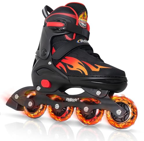 Nattork Adjustable Inline Skates for Kids and Teens, Nezha Inferno Skates Indoor and Outdoor Blades Roller for Boys Girls Youth Aged 6-16, Adult Beginners Flame Style 7 8 9 10