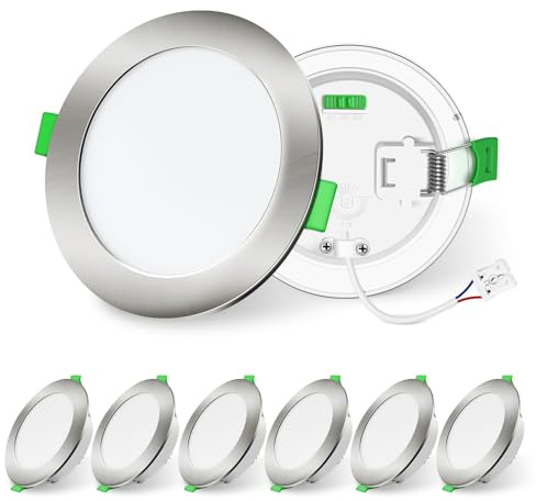 ALUSSO LIGHTING LED Brushed Nickel Downlights Dimmable Recessed Ceiling Lights 10W 1050lm High Brightness, 3000K Warm 4000K Neutral 6500K Cool White Bathroom Spotlights Ceiling Ultra Slim IP44, 6 Pack