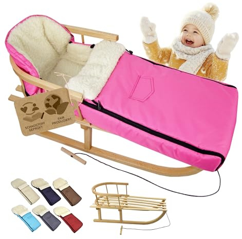 Kombi-erbjudande [träsläde universell vinteråkpåse 108 cm] kälke med ryggstöd och dragrep, fotsäck, lämplig för babystol, barnvagn, buggy med lammull (rosa (108 cm))